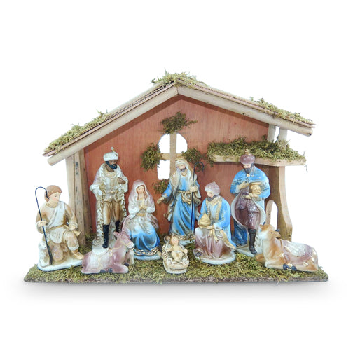 CERAMIC NATIVITY WITH WOODEN MANGER