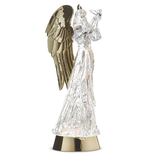 13" Lighted Angel With Dove And Gold Swirling Glitter