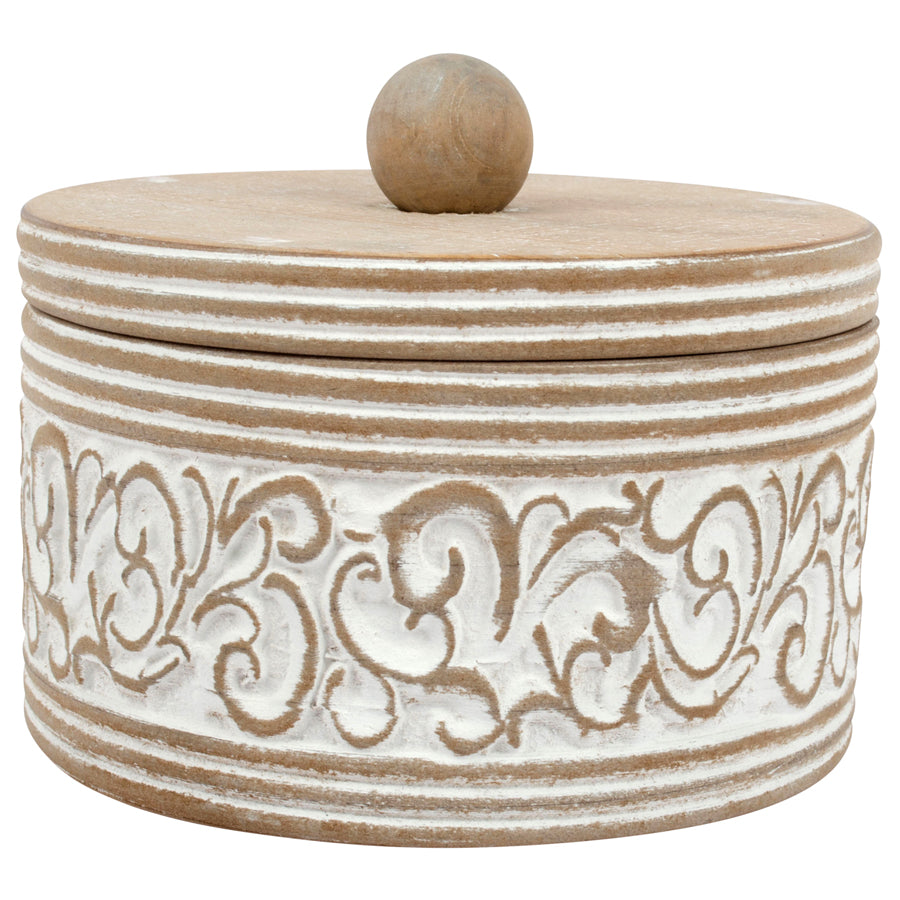 ROUND CARVED WHITE TRINKET BOX W/LID