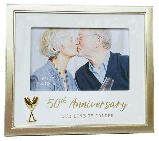 50th Anniversary Golden Photo Frame with 2 Gold Goblets
