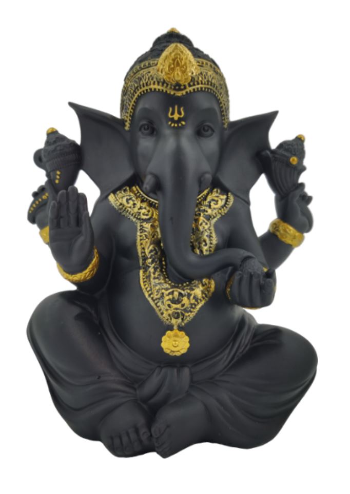 20cm Sitting Ganesh in Black/Gold Finish