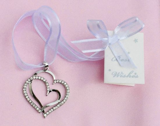 Bridal Charm with Overlapped Diamante Double Hearts, Silver