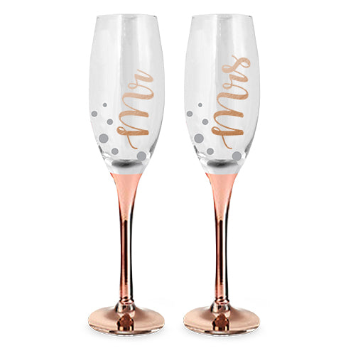 Mr & Mrs Rose Gold Set Champagne Glasses